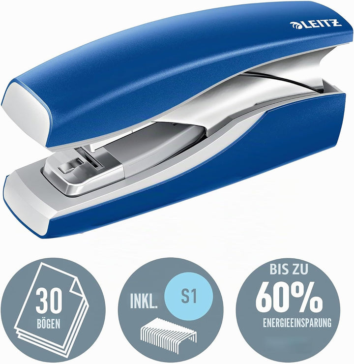 Leitz Softpress Flachheftgerät aus Metall, Für 30 Blatt, Ergonomische Form, Inkl. Heftklammern, Blau