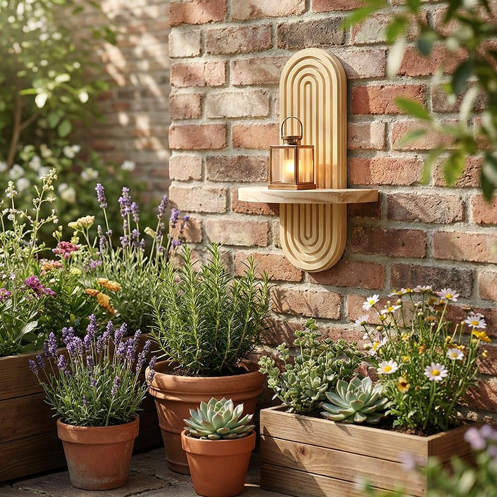 Boho Wandregal aus Holz, Ovale Pflanzenhalter Wanddekoration mit Metallakzenten, Blumenkasten für Su