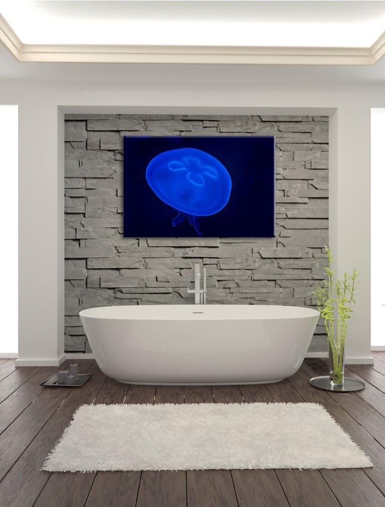 Pixxprint Leuchtend Blaue Qualle auf Leinwand, XXL riesige Bilder fertig gerahmt mit Keilrahmen, Kun