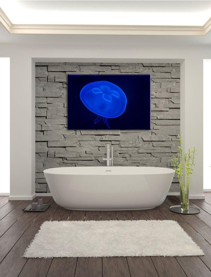 Pixxprint Leuchtend Blaue Qualle auf Leinwand, XXL riesige Bilder fertig gerahmt mit Keilrahmen, Kun