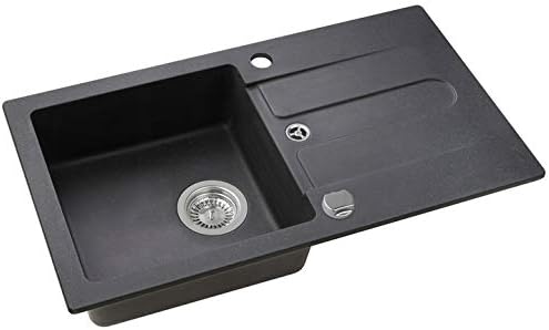 VBChome Spüle Schwarz 75 x 42 cm mit Spültischarmatur Granit Einzelbecken Einbauspüle gesprenkelt re
