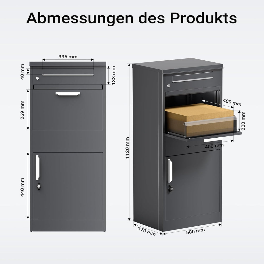 Paketkasten Anthrazit 500 x 370 x 1120 mm, Paketbox Zuhause, Private Paketannahme passend für Pakete