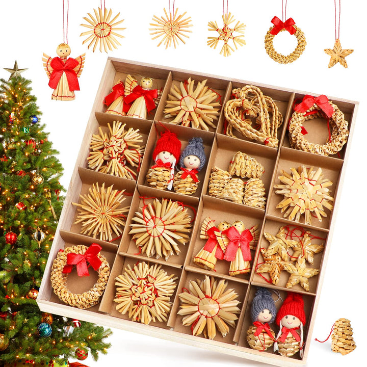 Strohsterne Weihnachtsbaum, 52 Stück Weihnachtlicher Baumschmuck Stroh Anhänger Strohstern, Christba