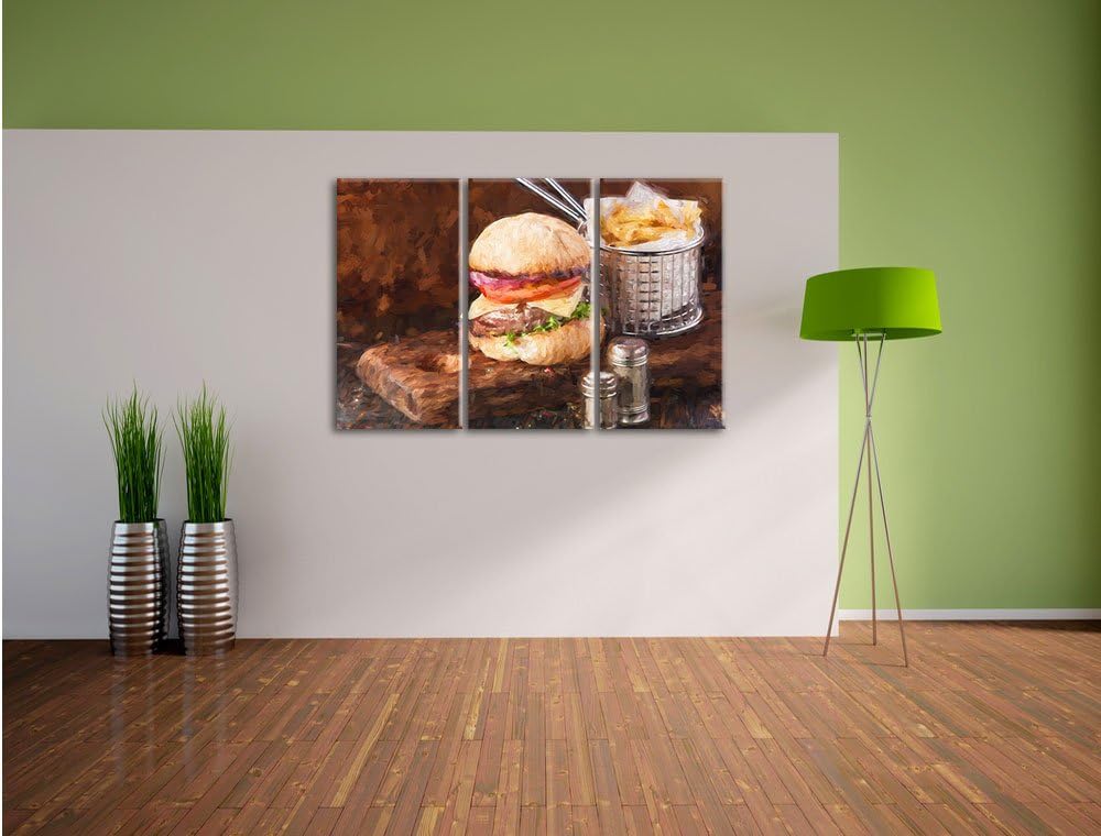Pixxprint Cheesburger mit Pommes als Leinwandbild/Grösse: 3 Teilig (120x80) cm/Wandbild/Kunstdruck/f
