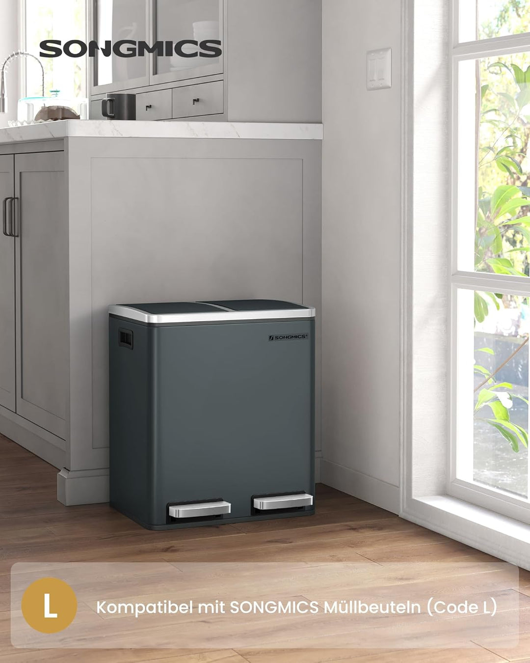 SONGMICS Mülleimer Küche, 2 x 15 L, Mülltrennsystem, Abfalleimer aus Metall, Treteimer mit Inneneime