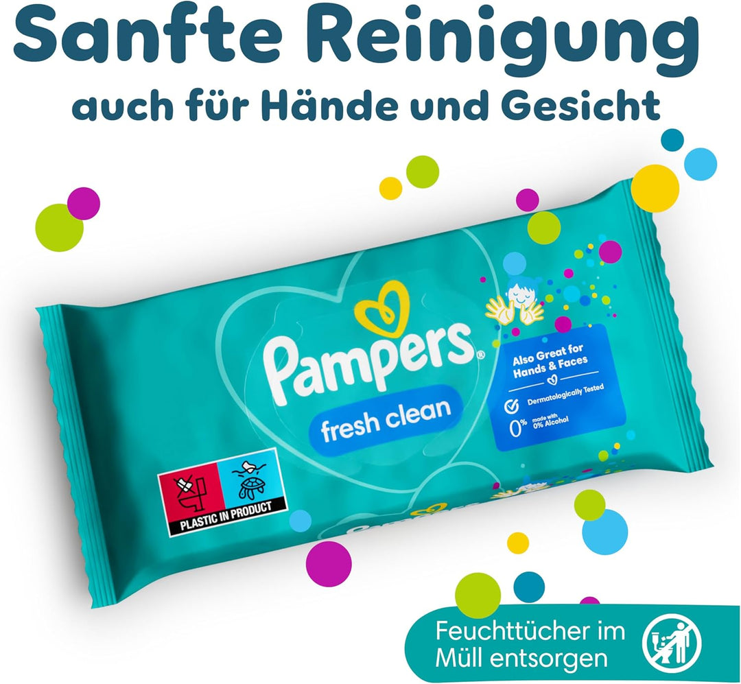 Pampers Fresh Clean Feuchttücher 12 Packungen mit 52 Stück, 624 Feuchttücher, milder Duft, auch für