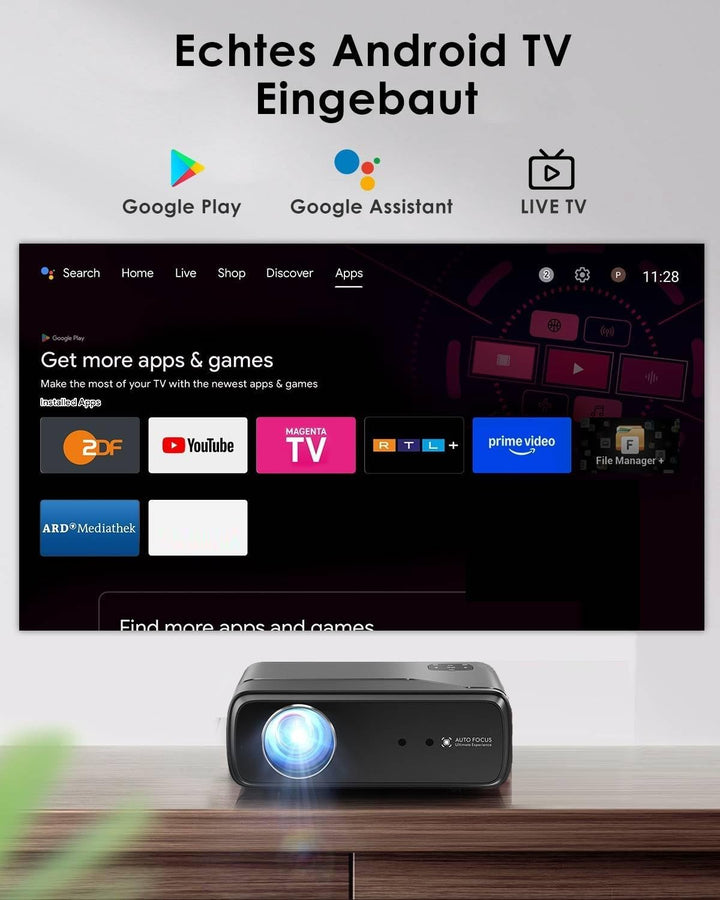 4K Beamer Tragbar Smart APP Zertifiziert Android OS Projektors mit Voice Assistant WiFi 6 Bluetooth5