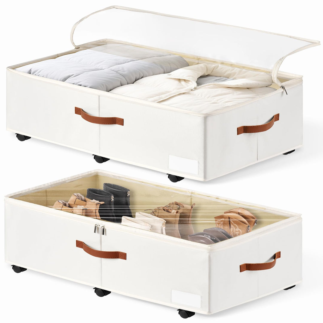 2er-Set Grosse Unterbett-Aufbewahrung mit Rädern, 60 Liter Volumen - 26,5 cm Höhe (10,5 Zoll) - Weis