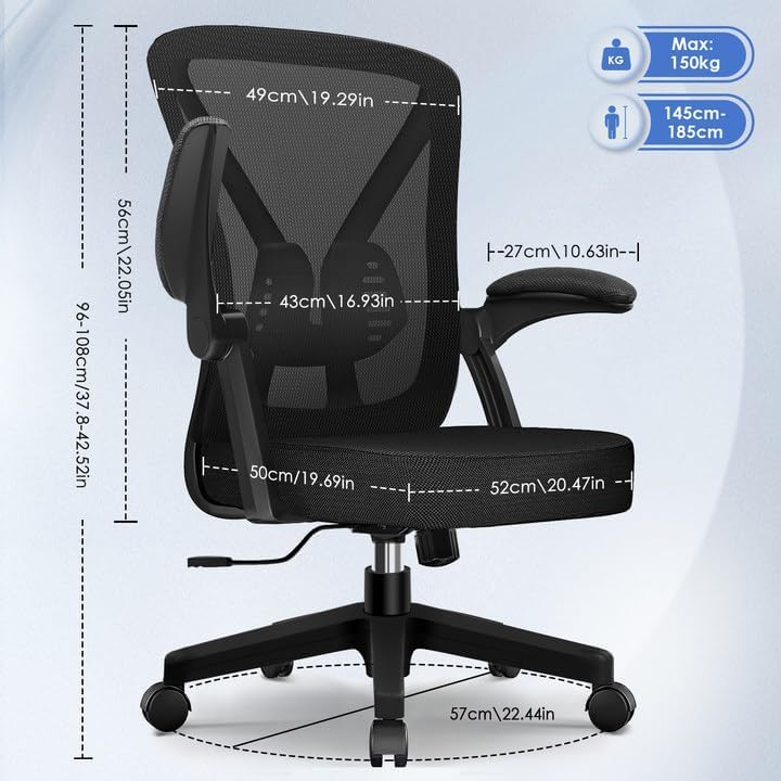 Hinonde Bürostuhl,Schreibtischstuhl mit Hochklappbare Armlehnen und Wippfunktion,Drehstuhl,Höhenvers