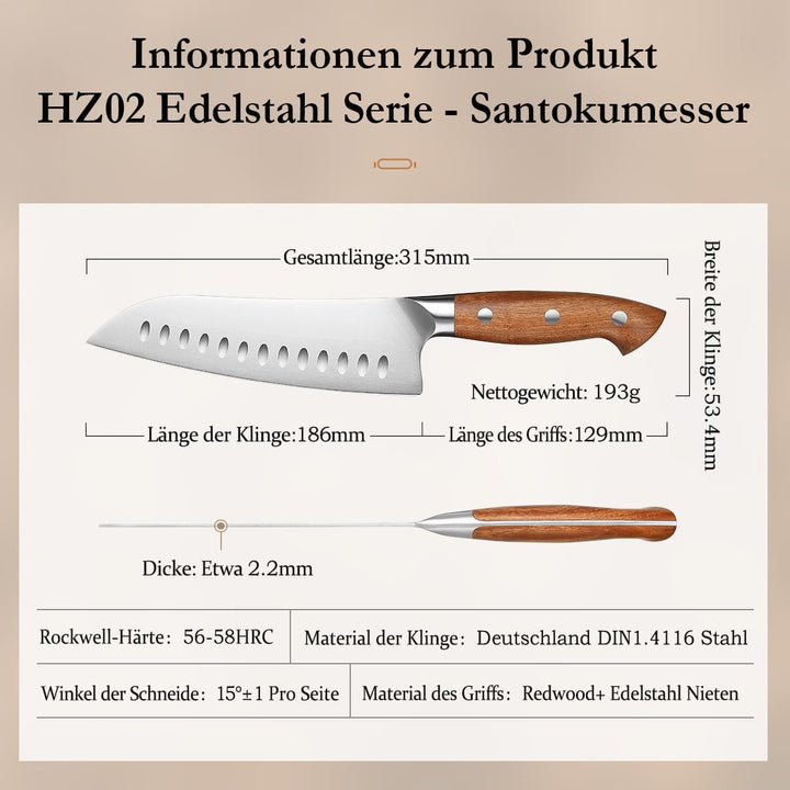 HEZHEN Rostfreier Stahl Santokumesser German 1.4116 Stahl Kochmesser, Geschmiedet Japanischer Stil G