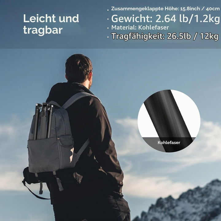 SMALLRIG Karbonfaser-Stativ mit Mittelsäule, Carbon Fiber Tripod abnehmbarem Einbeinstativ, 360°-Kug