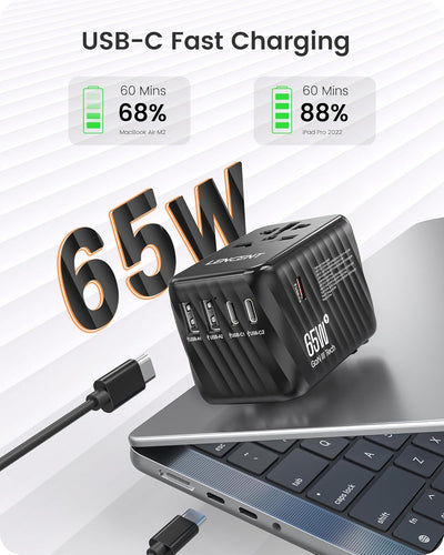 LENCENT Internationaler Reiseadapter, 65W GaN3 Universeller Adapter mit 2 USB A+3 Typ C PD, Weltweit