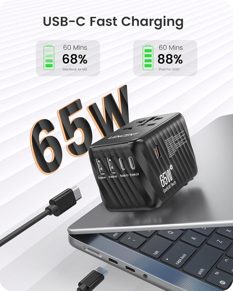 LENCENT Internationaler Reiseadapter, 65W GaN3 Universeller Adapter mit 2 USB A+3 Typ C PD, Weltweit
