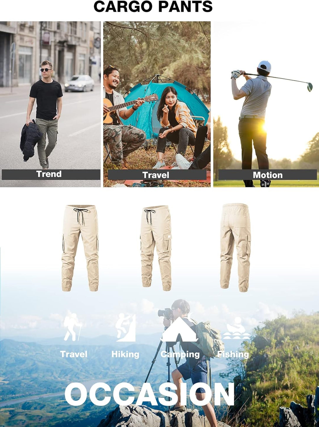 Jogginghose Herren Cargohose Einfarbige Hose Männer Causal Sporthose Elastische Freizeithose mit 6 T