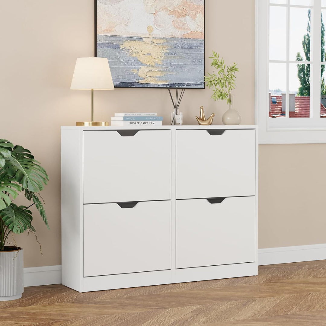 VOWNER Schuhschrank mit 4 Klappen, Schuhschrank Weiss, Schmaler Schuhregal, mit 8 Fächern, Schuhabla