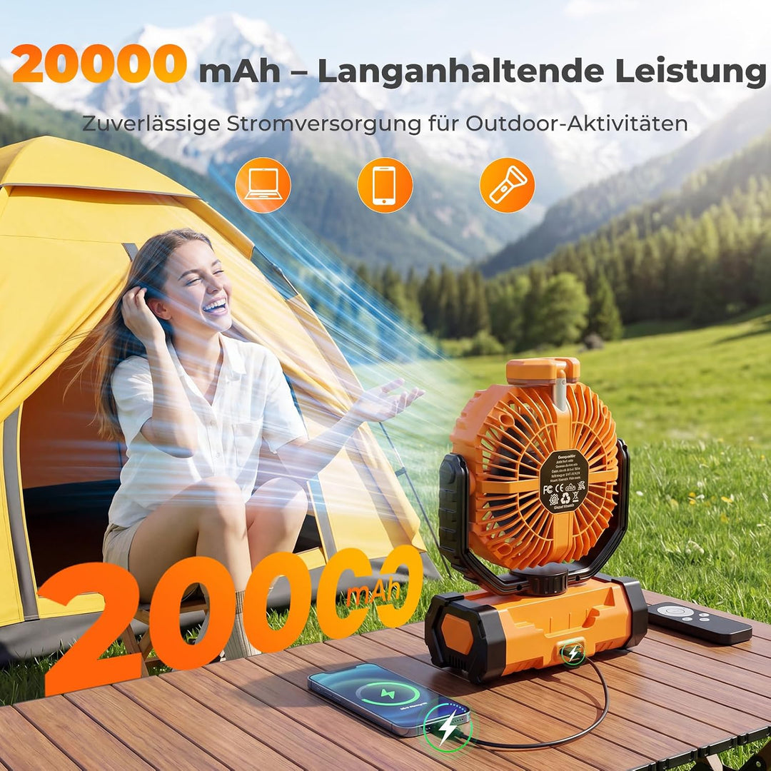 Outdoor Camping Ventilator mit Licht, 20000mAh Akku, wiederaufladbarer tragbarer Ventilator mit Fern