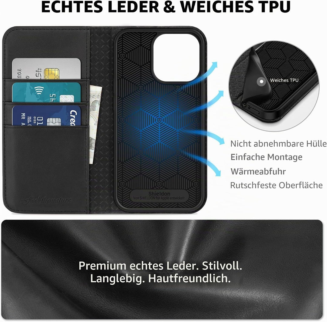 SHIELDON Hülle für iPhone 13 Pro, Handyhülle Schutzhülle [Echtleder] [Kartenfach] [Magnet] [Standfun