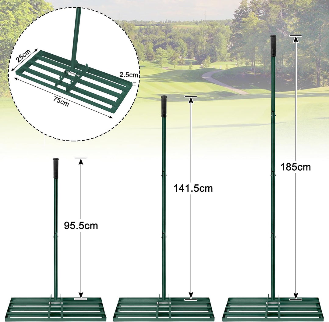 Lawn Leveling Rake Rakel 75x25 cm Grün, Verstellbarer Nivellierrechen 95,5–185 cm mit Edelstahl-Grif