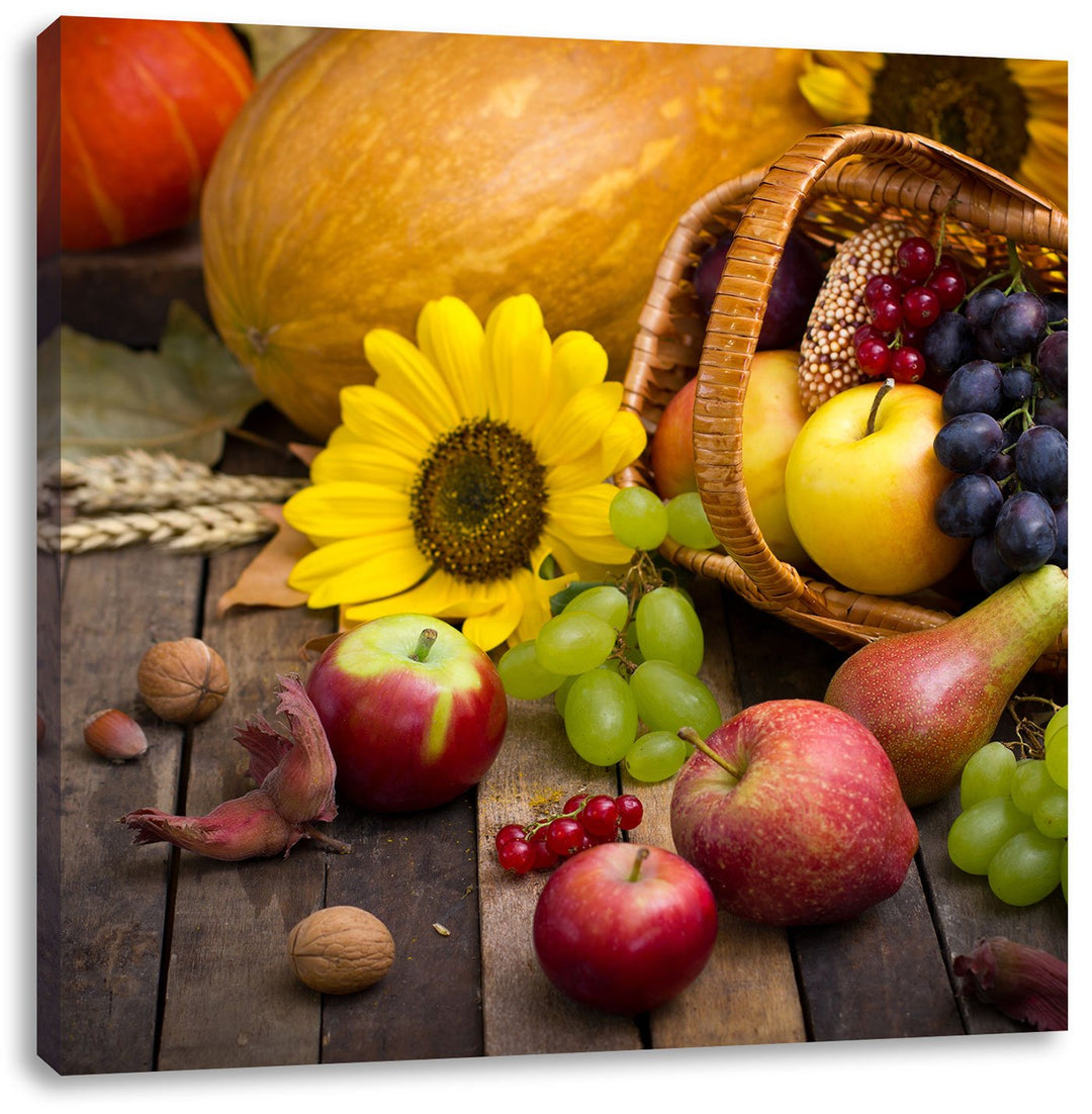 Herbstlicher Obstkorb, Format: 70x70 auf Leinwand, XXL riesige Bilder fertig gerahmt mit Keilrahmen,