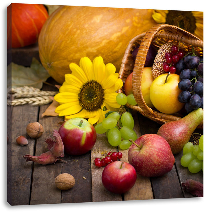 Herbstlicher Obstkorb, Format: 70x70 auf Leinwand, XXL riesige Bilder fertig gerahmt mit Keilrahmen,