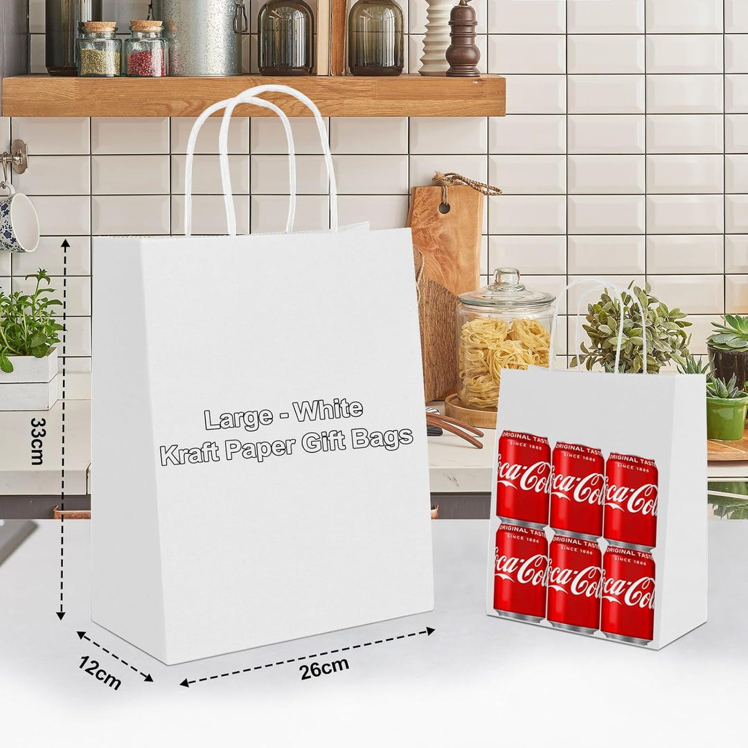 Gucass 50 Stück Gross Papiertüten mit Henkel, Weiss Kraft Papiertaschen Geschenktüten, 26x12x33cm Pa
