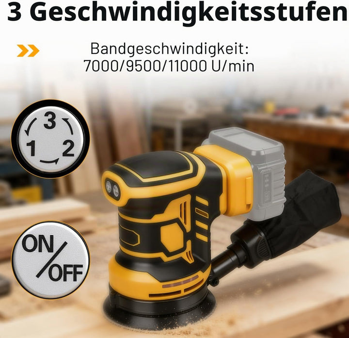 Exzenterschleifer für DeWalt Akku, 125mm Professional Schleifmaschine mit 15 Stück Schleifpapier, 3