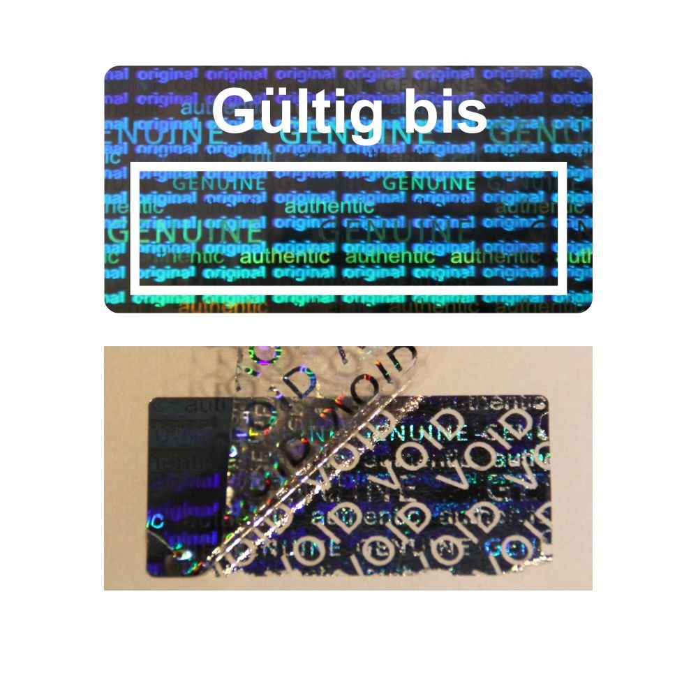 Hologramm VOID Sicherheitsetiketten Gültig bis auf Rolle - 30 x 15 mm - 1000 Stück (Weiss), Weiss