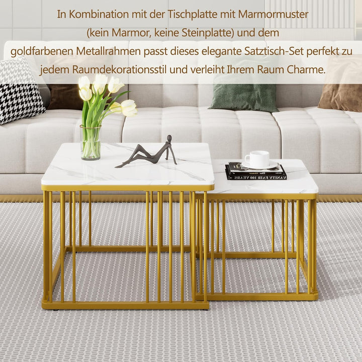 Merax Quadratisch Couchtisch 2er Set, Moderne Wohnzimmertisch mit Marmor Furnier, Hochglanz Satztisc