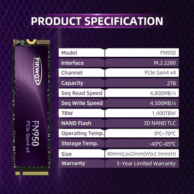 Fikwot FN950 2TB M.2 PCIe Gen4 Internes Solid State Drive mit Graphene Kühlaufkleber - Bis zu 4800 M