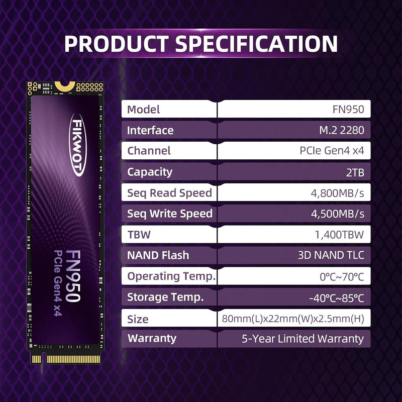 Fikwot FN950 2TB M.2 PCIe Gen4 Internes Solid State Drive mit Graphene Kühlaufkleber - Bis zu 4800 M