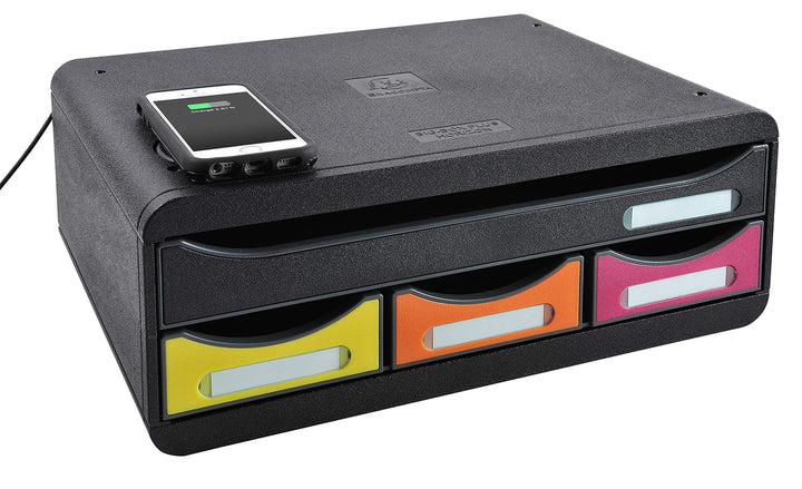 Exacompta 319798QID Ablagebox Toolbox Maxi mit 4 Schubladen (Qi Lade für Ihr Handy, ideal als Deskto