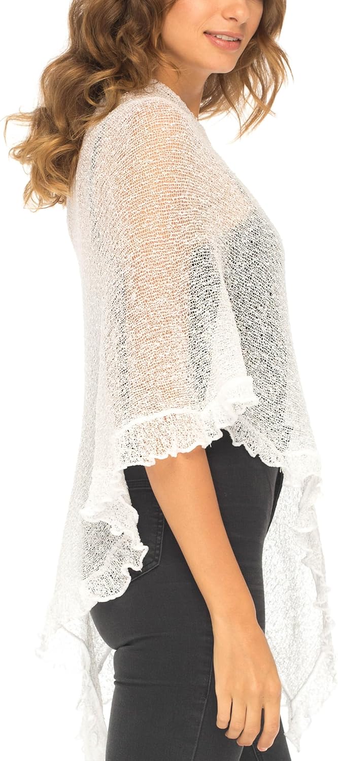 SHU-SHI - Damen Poncho-Top mit Rüschen - transparent - leichtes Strickmaterial Weiss, Weiss