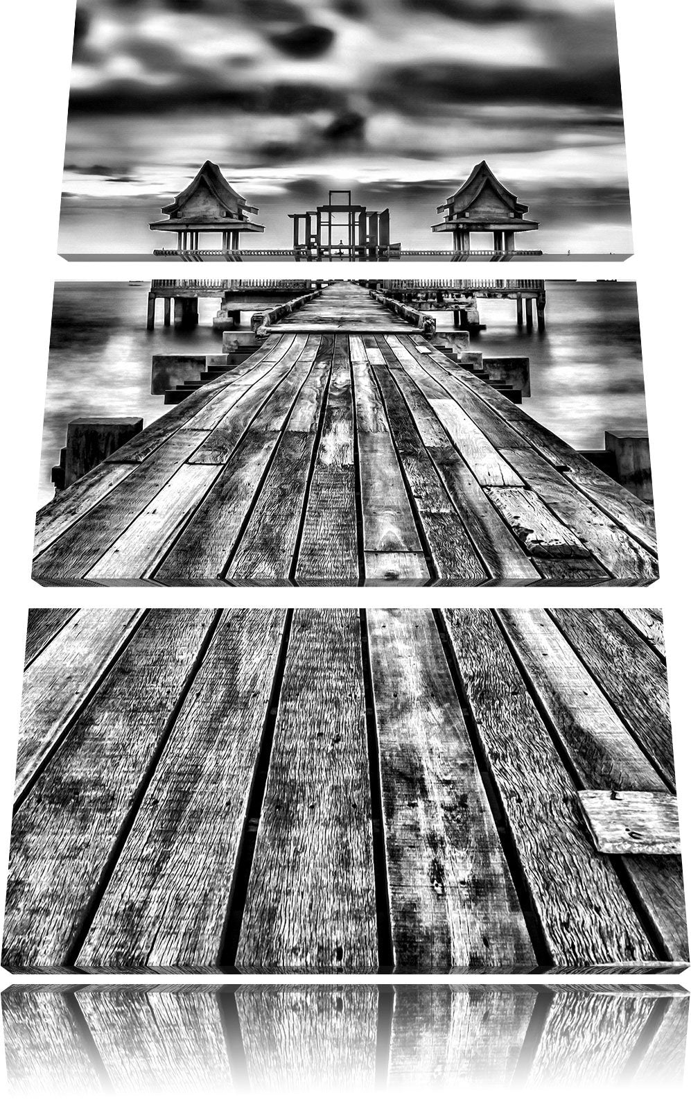 Pixxprint Monocrome, Bootssteg im Sonnenuntergang 3-Teiler Leinwandbild 120x80 Bild auf Leinwand