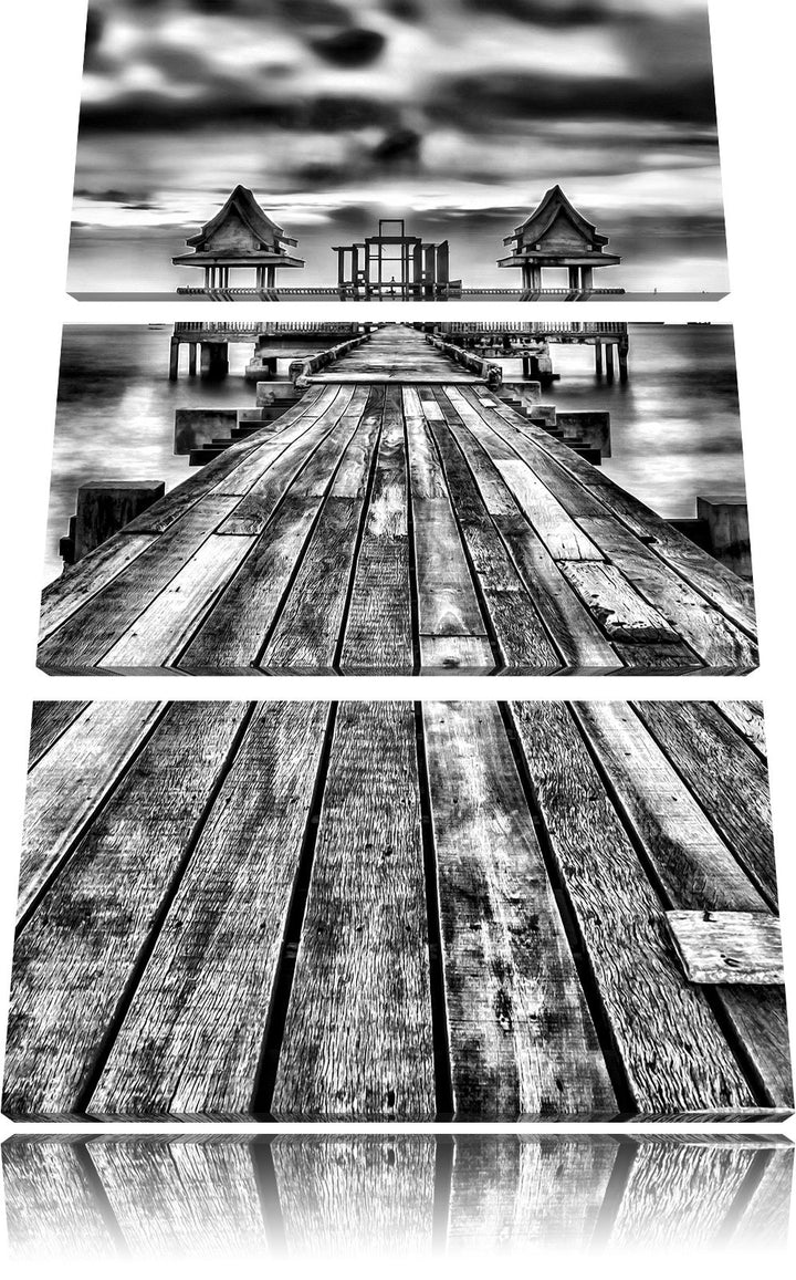 Pixxprint Monocrome, Bootssteg im Sonnenuntergang 3-Teiler Leinwandbild 120x80 Bild auf Leinwand