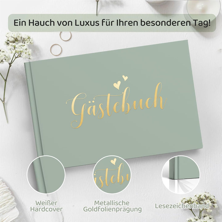 Hyggartn Grünes Hochzeitsgästebuch mit Stickern – Edles Hardcover Gästebuch mit Goldprägung, 100 Sei