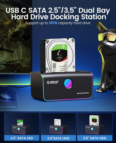 ORICO RGB Festplatten Dockingstation, USB 3.2 Gen 2 Zu SATA Festplattengehäuse für 2,5/3,5 Zoll SSD/