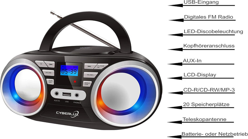 Tragbarer CD-Player | LED-Discolichter | Boombox | CD/CD-R | USB | FM Radio | AUX-In | Kopfhöreransc