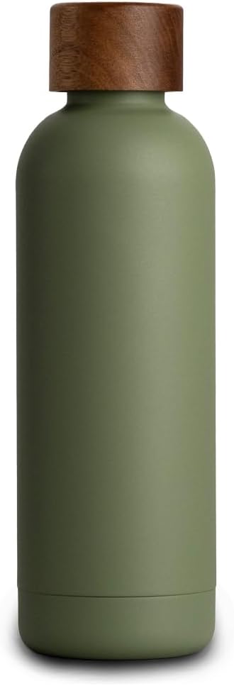 T&N Edelstahl Trinkflasche 500ml, Thermosflasche 0.5l mit Akazienholz Deckel, Isolierte Wasserflasch