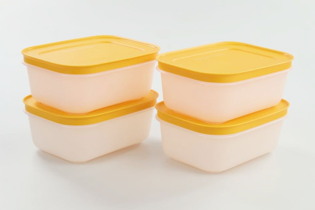 TUPPERWARE (4) 450ml Eiskristall Dosen Gefrier-Behälter orange-weiss 10085