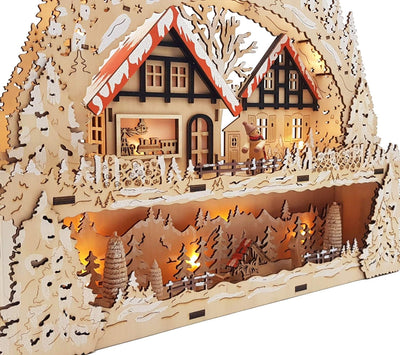 Wichtelstube-Kollektion Holzkunst LED Schwibbogen mit Podest Winterdorf im Erzgebirge Schwibbogen Li