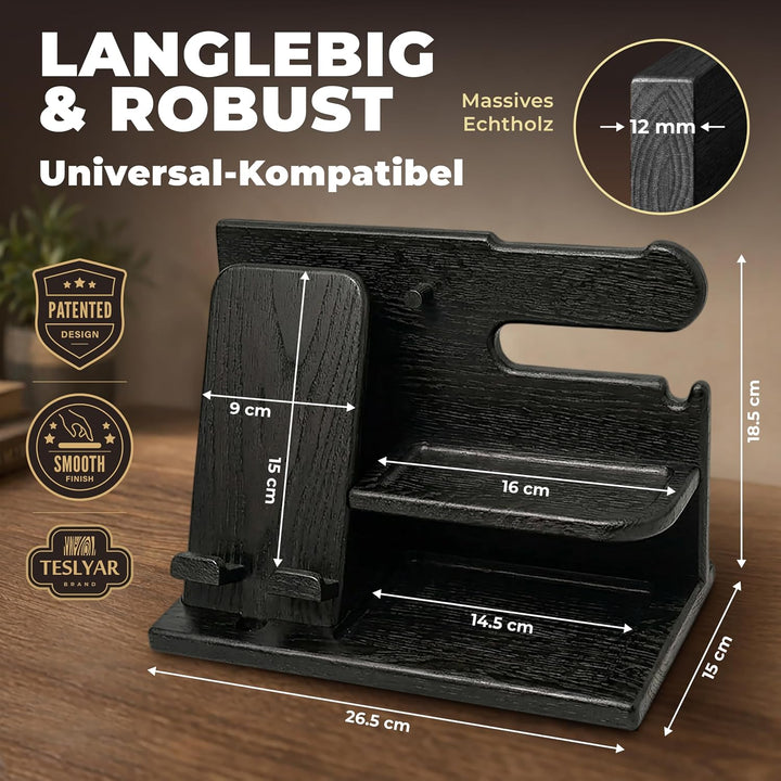 TESLYAR Männer Docking Station &amp; Schreibtisch Organizer Holz mit Handyständer Schwarz für Büro Aufbe