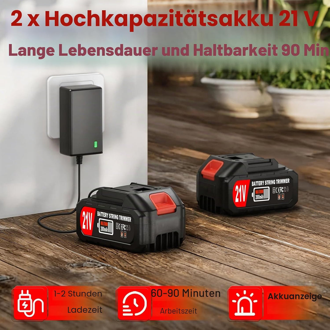 Elektrische Motorsense, kabellos, 21 V, 2,0 Ah, Rasentrimmer, kabellos, mit 2 Akkus und Schnellladeg