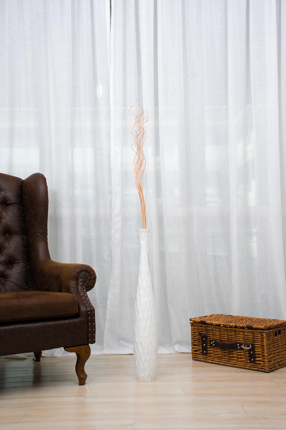 Leewadee Grosse Bodenvase für Dekozweige hohe Standvase Design Holzvase, Holz, 70 cm, Weiss 70 cm We