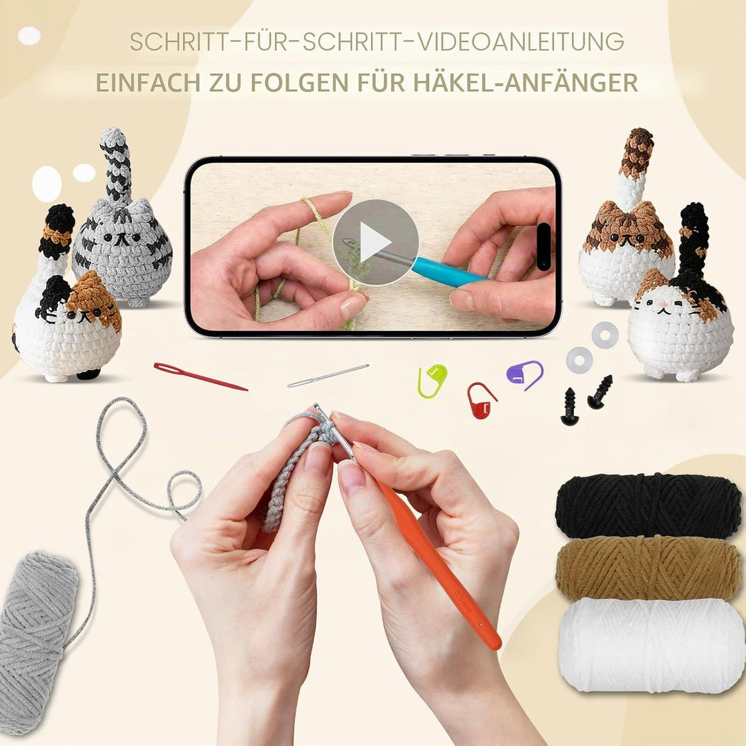 Ortviai Häkelset für Anfänger, Crochet Set Tiere Katzen, mit Garn und Zubehör, Schritt für Schritt A