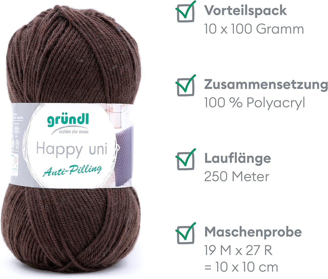 Gründl Happy uni (Strick- und Häkelgarn mit wollartigem Charakter aus 100 % Polyacryl, Anti-Pilling,