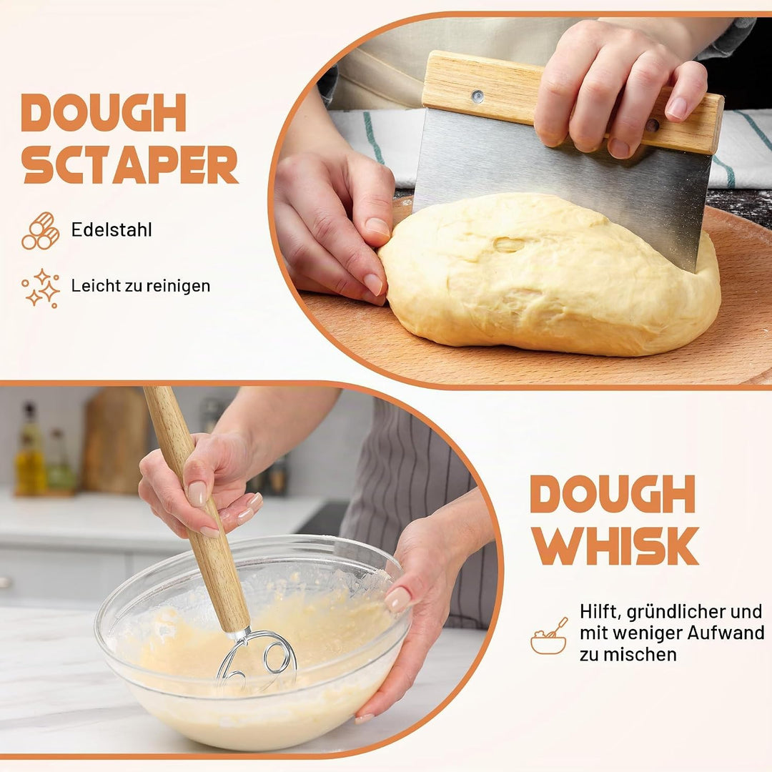 Sauerteig Starter Set zum Brot Backen, Gärkorb Set aus 2er Faltbar Gärkörbchen Silikon, 2er Teigscha