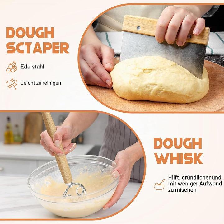 Sauerteig Starter Set zum Brot Backen, Gärkorb Set aus 2er Faltbar Gärkörbchen Silikon, 2er Teigscha