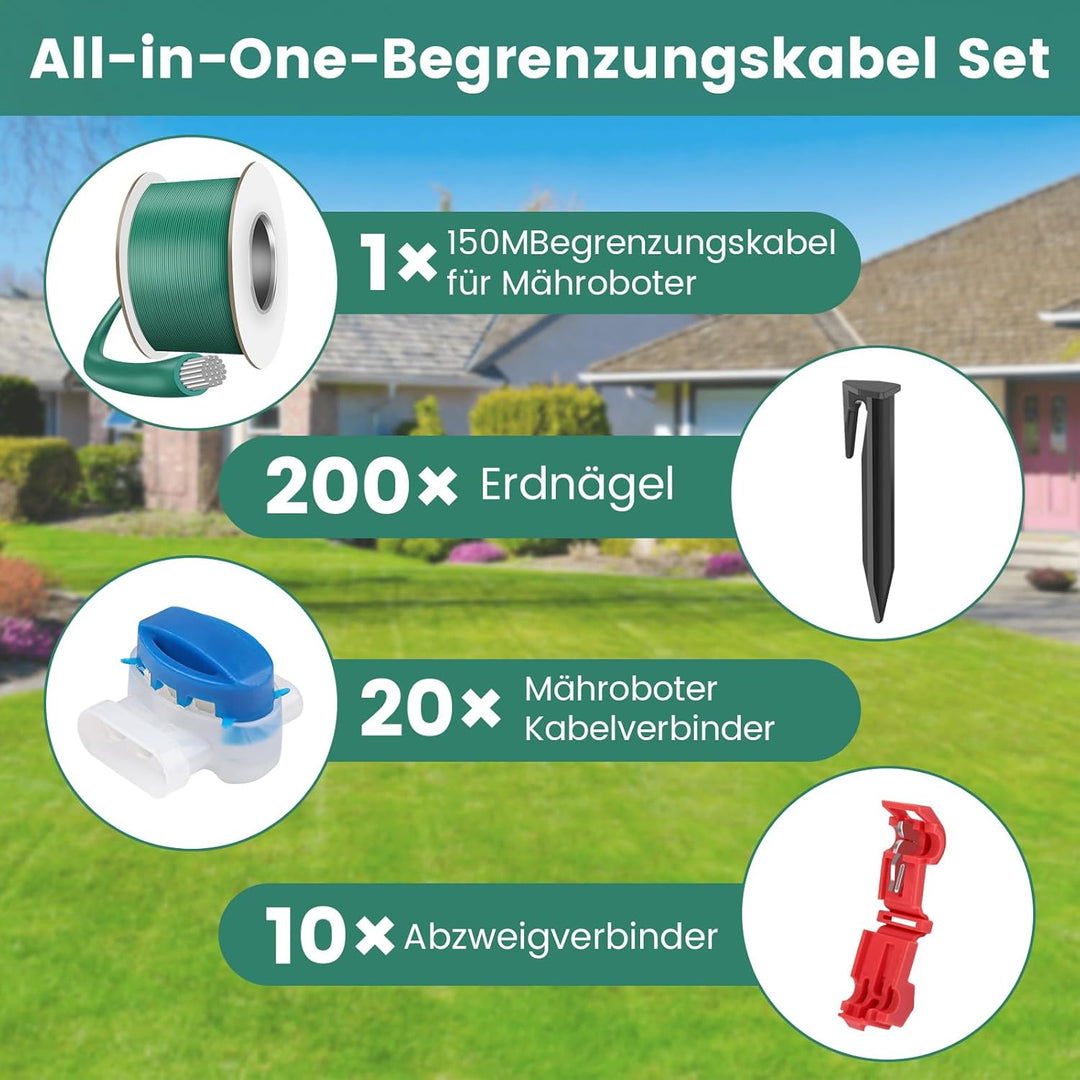 150M Begrenzungskabel Mähroboter – 200 Erdnägel, 20 Mähroboter Kabelverbinder & 10 Anschlussklemmen