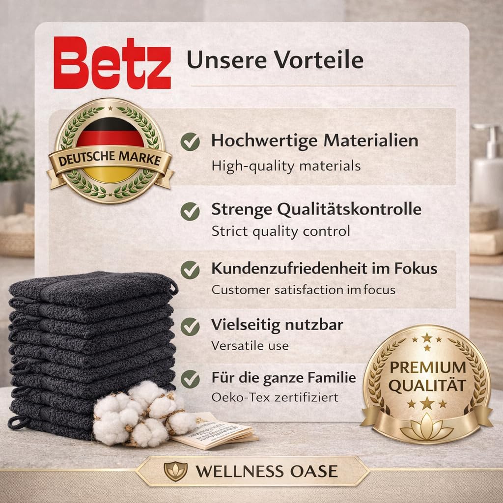 Betz 20 Stück Waschhandschuhe Waschlappen Premium Grösse 16x21 cm 100% Baumwolle Farbe schwarz, Schw