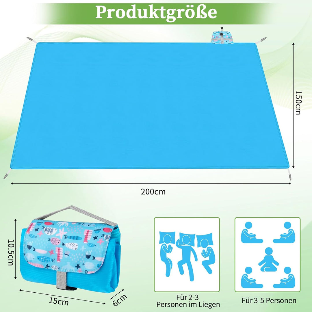 Picknickdecke Outdoor 200 x 150 cm, Faltbar Picnic Blanket Waterproof Leicht und Tragbar Stranddecke